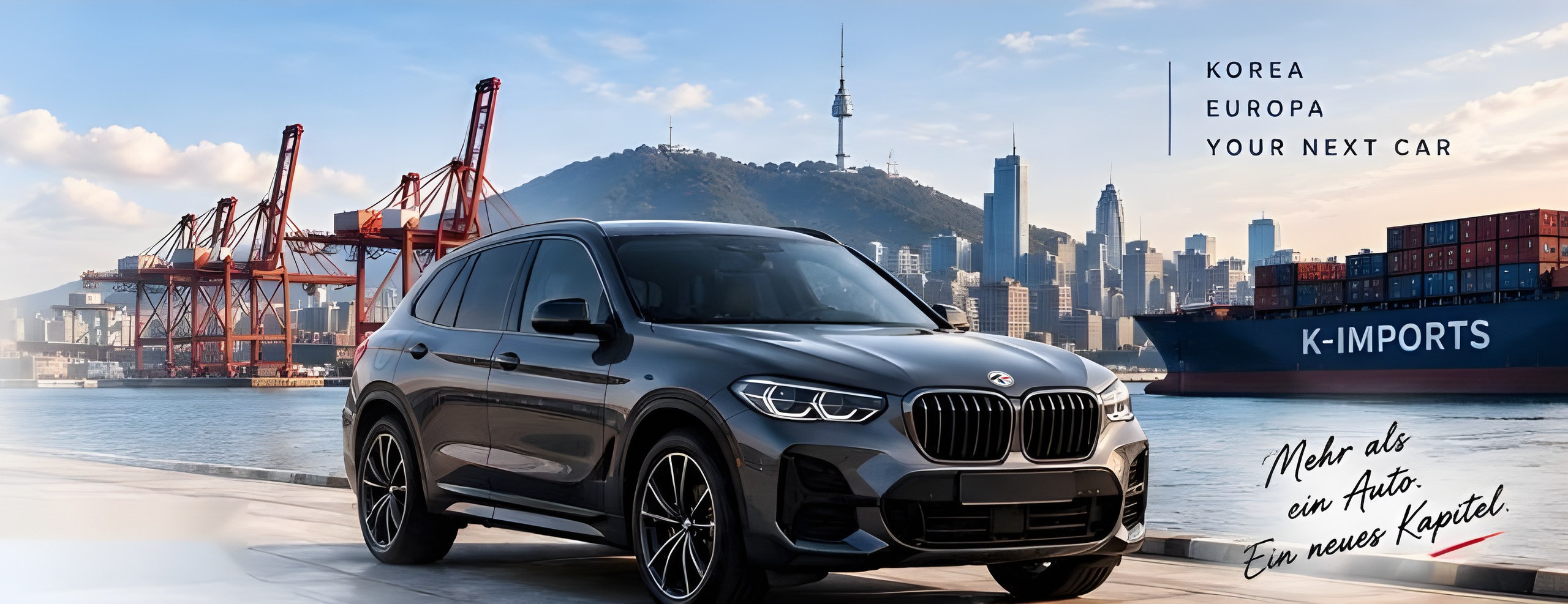SUV am Containerhafen vor der Skyline von Seoul